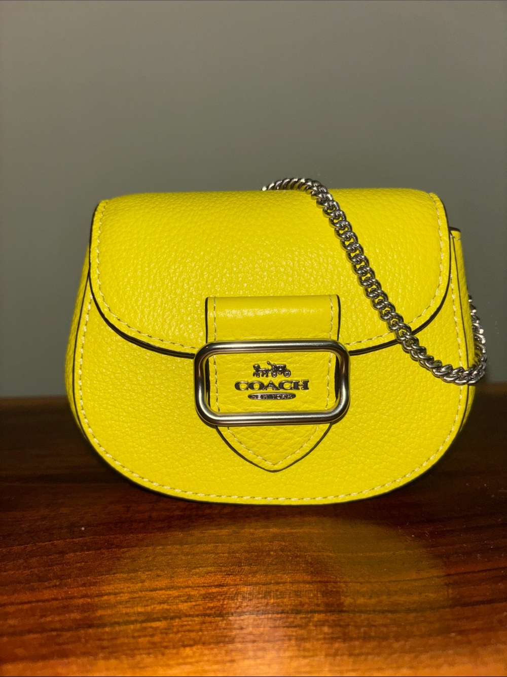 Coach Mini Saddle Crossbody in Neon Yellow with Silver Chain